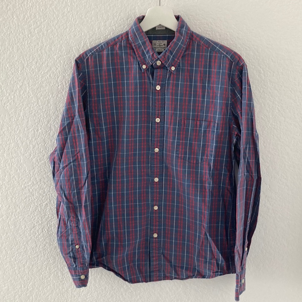 J Crew Factory Medium (M) Slim Fit Long-Sleeved Button-down Shirt red blue white
